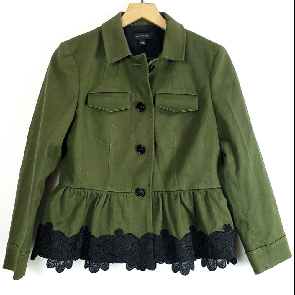 Ann Taylor Peplum Blazer Jacket Olive Green Lace 4 - Picture 7 of 11